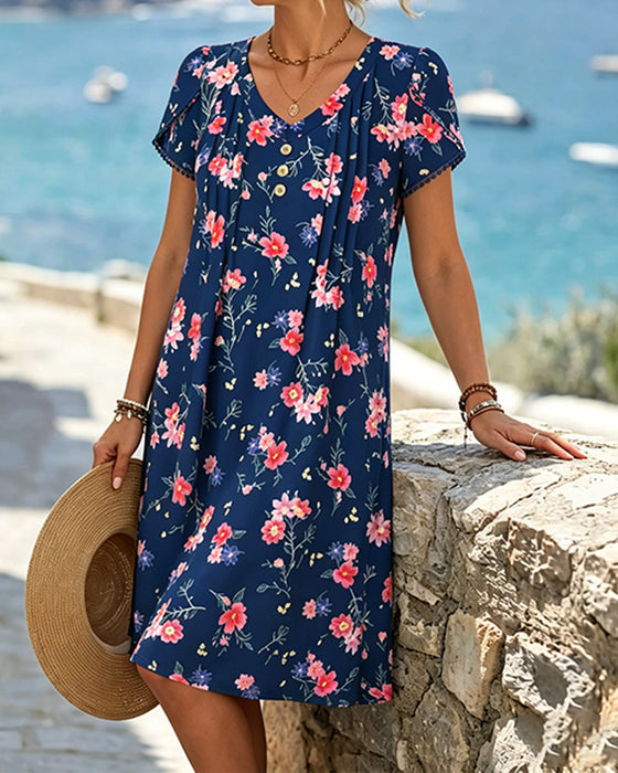 Kleid Mit V-Ausschnitt, Blumenmuster Und Kurzarm