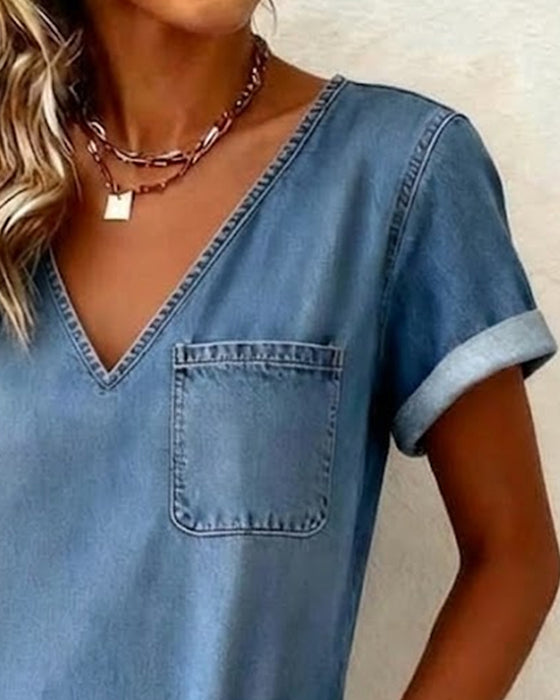 Kleid Denim V-Ausschnitt Kurzärmelig Shift