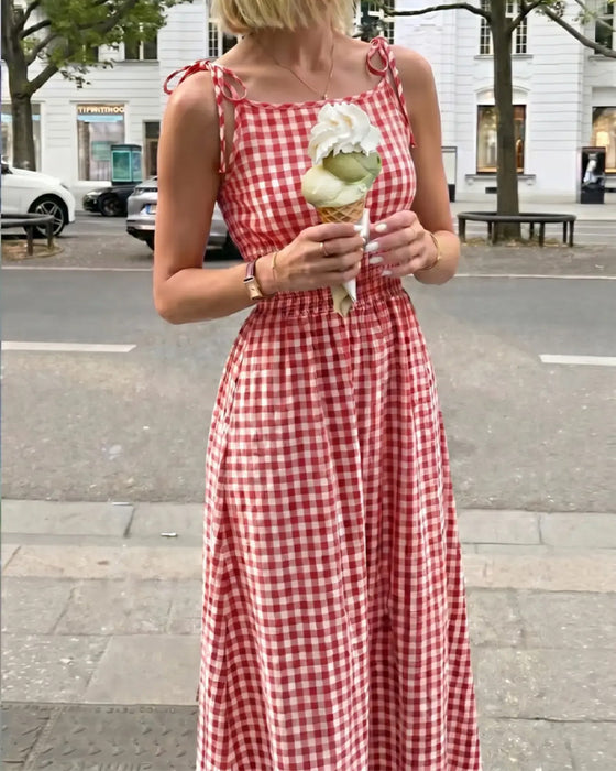 Kleid Schnürung Karo Träger A-Linie