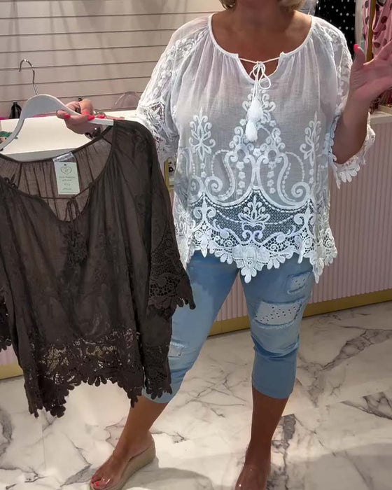 Bluse Schnürung Durchsichtig Spitze Patchwork