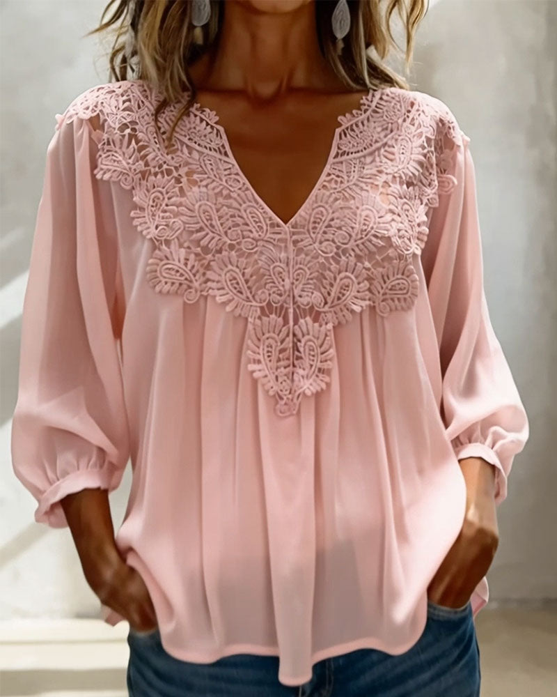 Bluse V-Ausschnitt Spitze Einfarbig