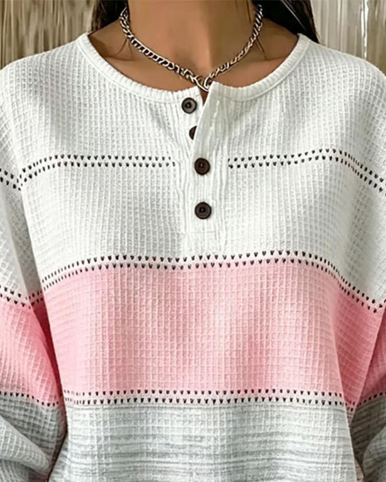 Sweatshirt Farbblock Rundhals Knopf Waffel