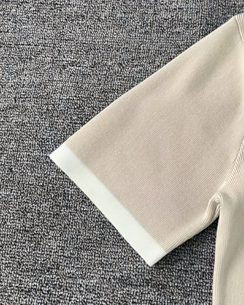 Bluse Kontrastfarbe Revers Kurzarm