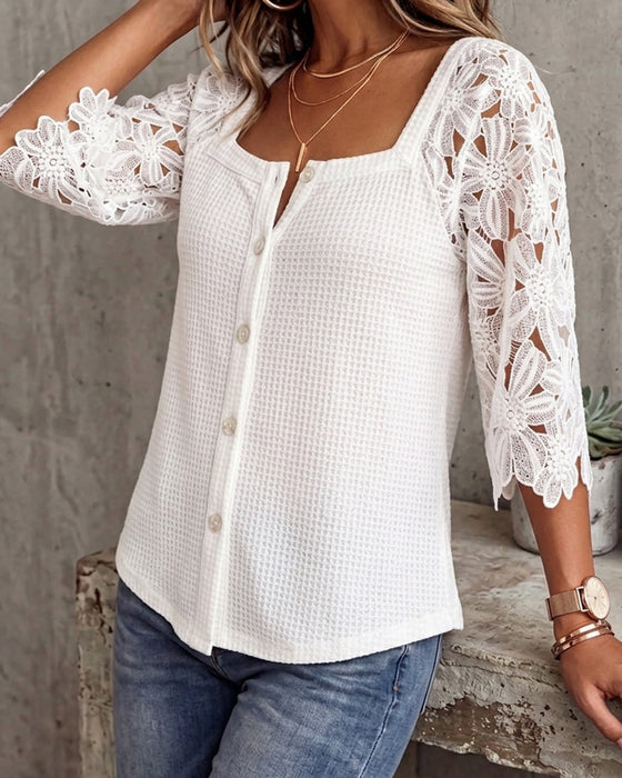 Bluse Spitze Panel Waffelgestrickt Knopf-Vorne