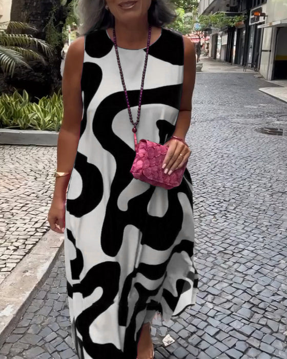 Rundhals-Armloses Kleid Mit Geometrischem Druck