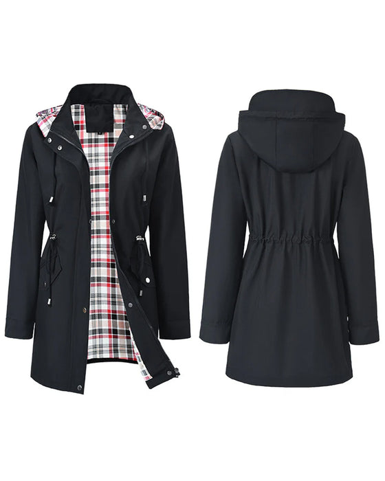 Damen Langer Wasserdichter Trenchcoat Mit Kapuze