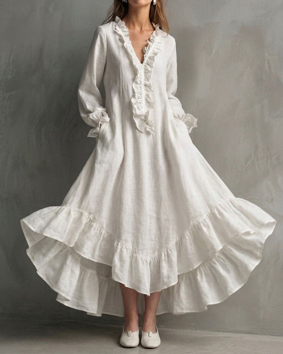 Kleid Langarm Rüschen V-Ausschnitt Maxi
