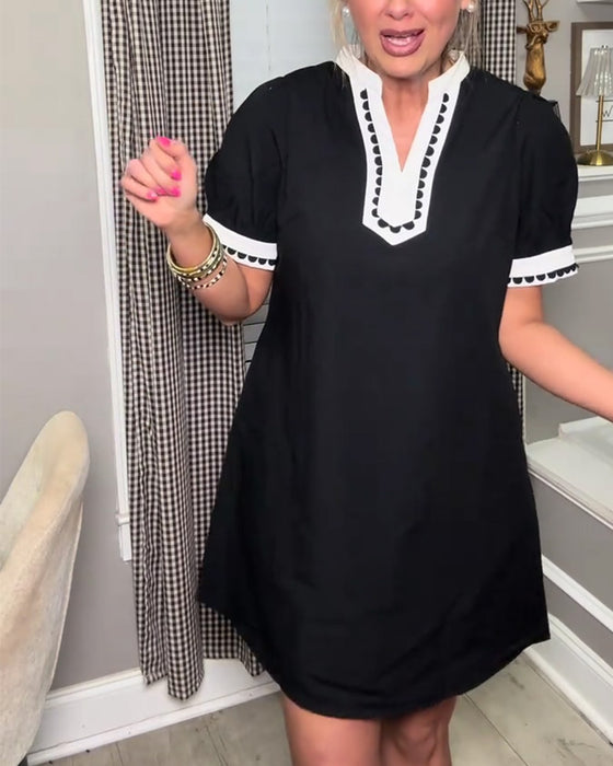 Kleid Blase Ärmel Farbblock V-Ausschnitt