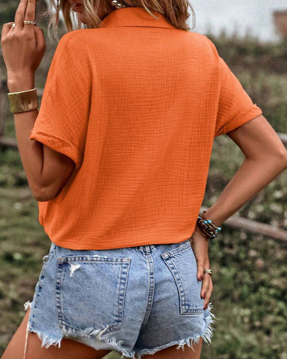 Bluse V-Ausschnitt Uni Kordelzug Revers