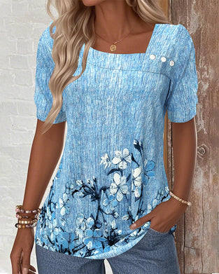 Bluse Schräger Kragen Bedruckt Mit Knopfleiste