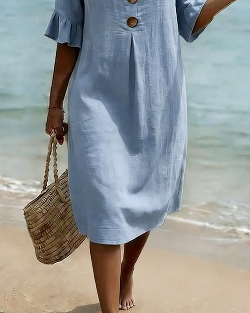 Kleid Knopf Rüsche Ärmel 100% Baumwolle