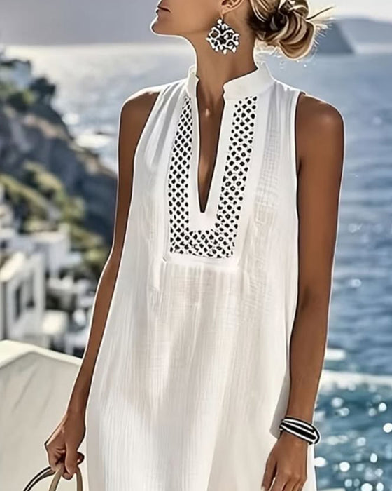 Kleid V-Ausschnitt Ärmellos Hollow Out Mesh