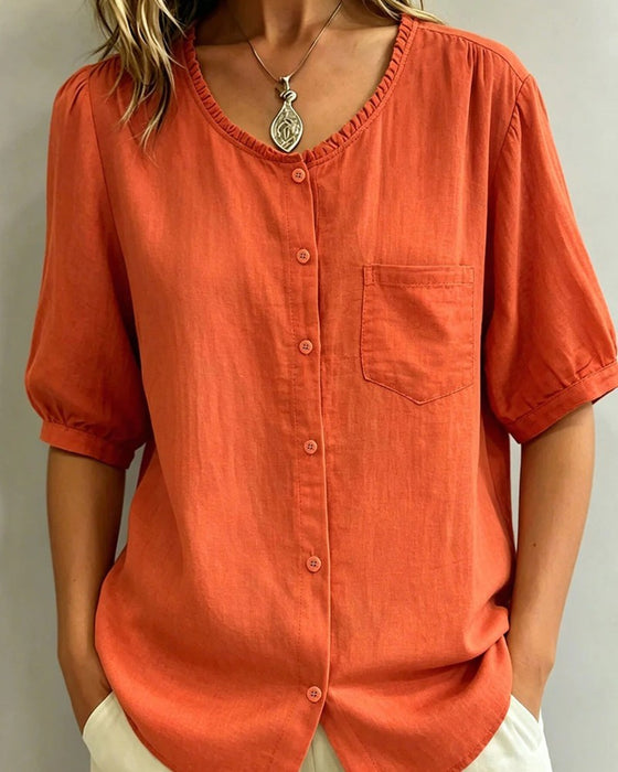 Bluse Rüsche Besatz Knopf Tasche
