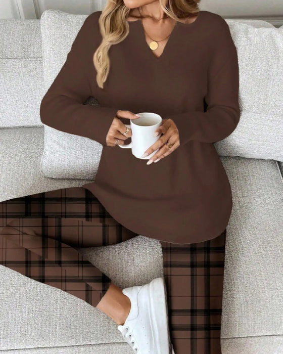 Set V-Ausschnitt Einfarbig Oberteil + Karo Hose Loungewear