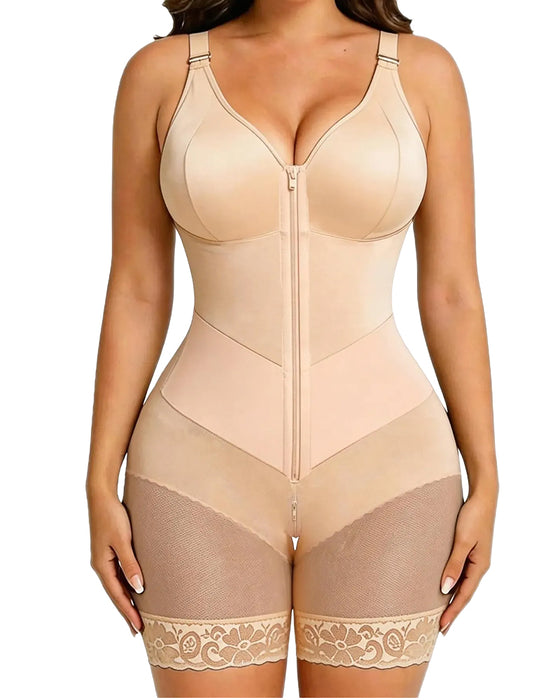 Damen Reißverschluss Spitze Bauchkontrolle Shapewear Bodysuit