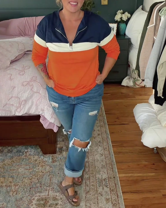Sweatshirt Mit Reißverschluss, Stehkragen Und Farbblockierung Langarm