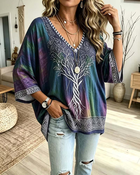 Bluse V-Ausschnitt Ombre Farbblock
