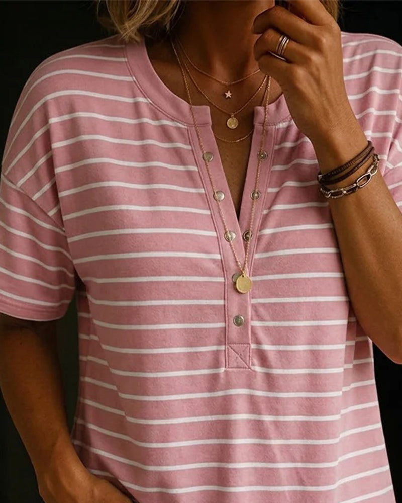 T-Shirt Horizontal Gestreift Henley Ausschnitt Kurzarm