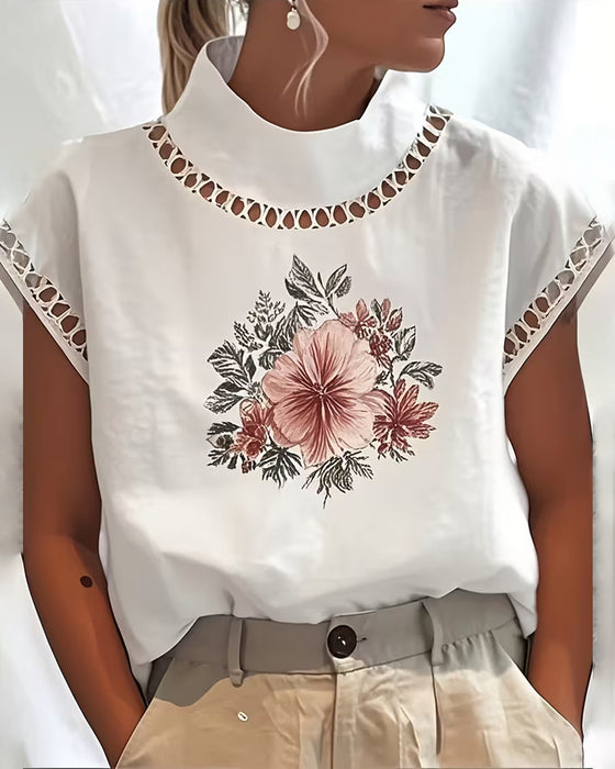 T-Shirt Halber Rollkragen Ärmellos Durchbrochen