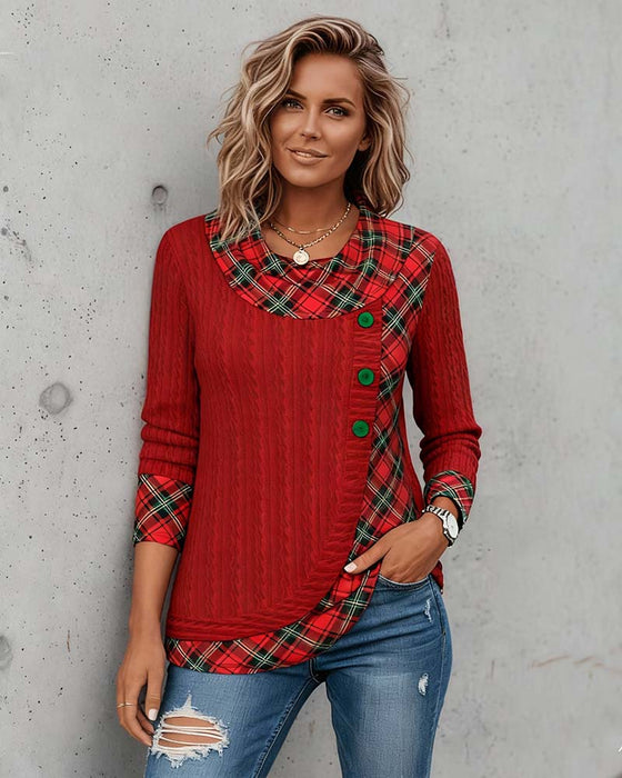 Modisches Langarm-Top Mit Karo-Patchwork