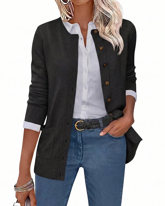 Cardigan Rundhals Knopf Langarm Einfarbig