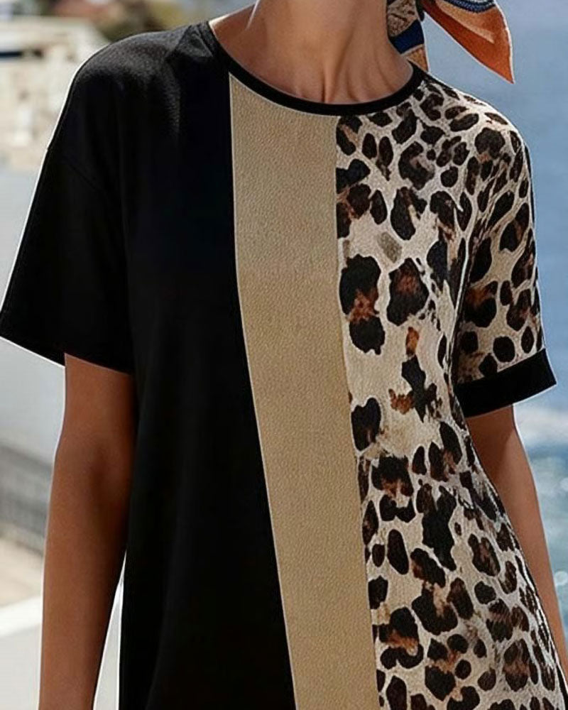 Set Leopardenmuster Colorblock Unregelmäßige Quarter Hosen