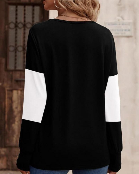 T-Shirt Damen Colorblock Druck Knopf Deko Fallende Schulter