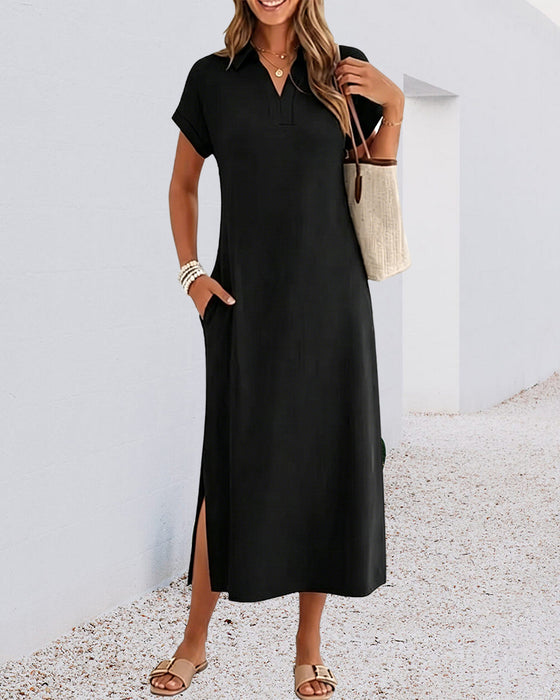 Kleid Polo Kragen Schlitz Drapiert Strick