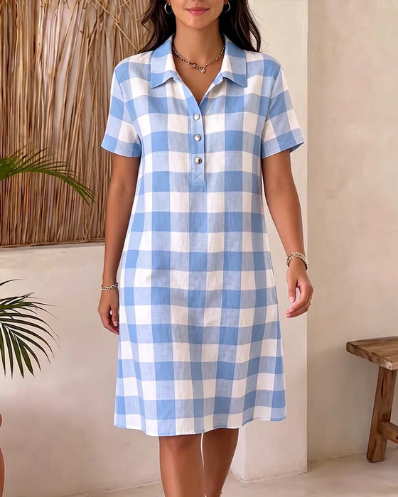 Kleid Revers Blau Und Weiß Karo