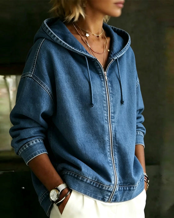 Mantel Kapuze Drop-Ärmel Reißverschluss Denim