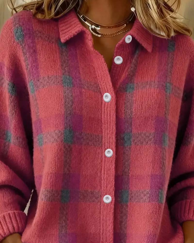 Strickjacke Karomuster Hemdkragen Geknöpft