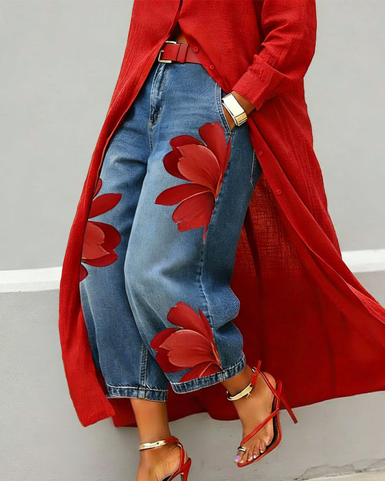 Blumenbedruckte Cropped-Jeans Mit Weitem Bein