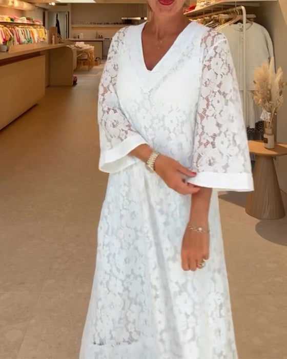 Kleid V-Ausschnitt Hohlspitze Blume locker