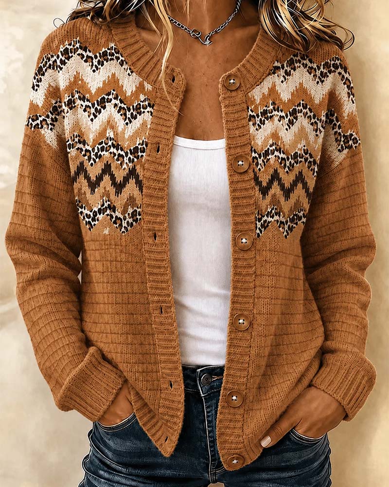 Strickjacke Geknöpft Leopard Wellig Streifen