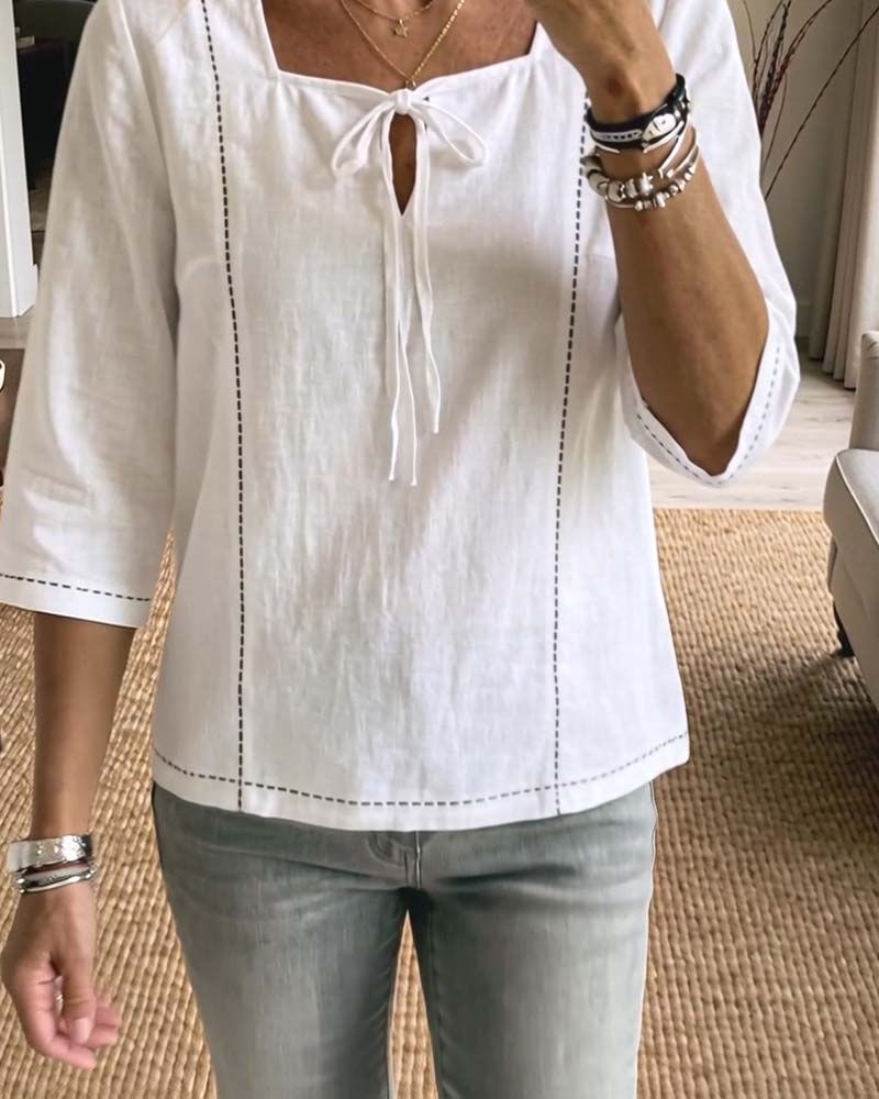 Bluse Quadratischer Ausschnitt Bindung Hollow Out