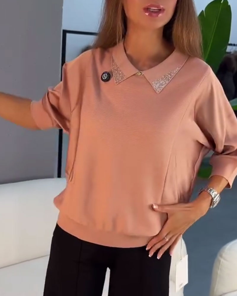 Pullover Revers Ellenbogenlang Ärmel Gestrickt Elegant