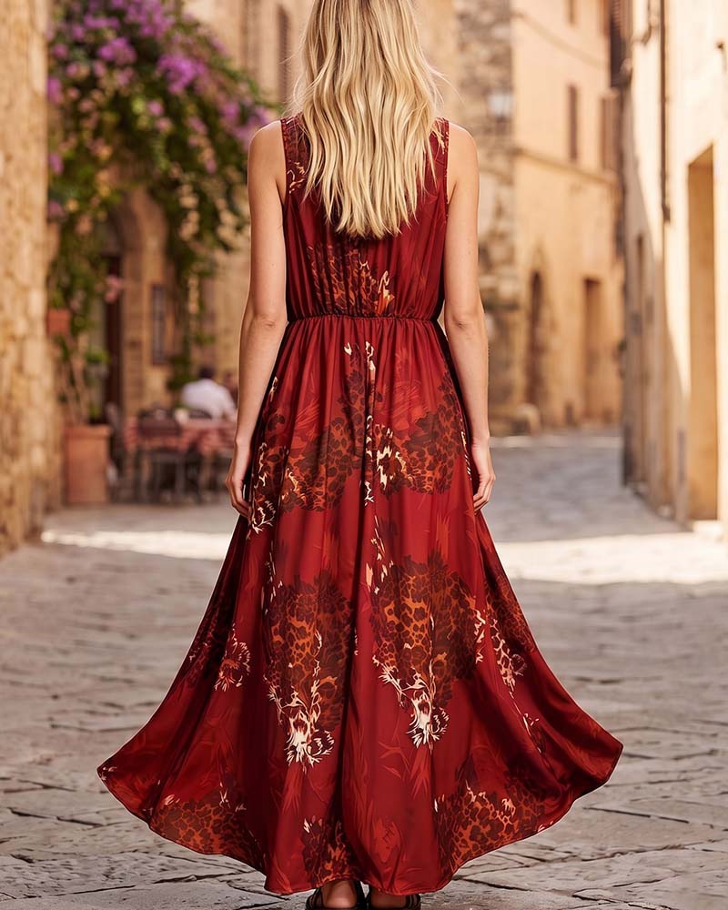 Kleid V-Ausschnitt Leopard Bohème Spaghettiträger Maxi