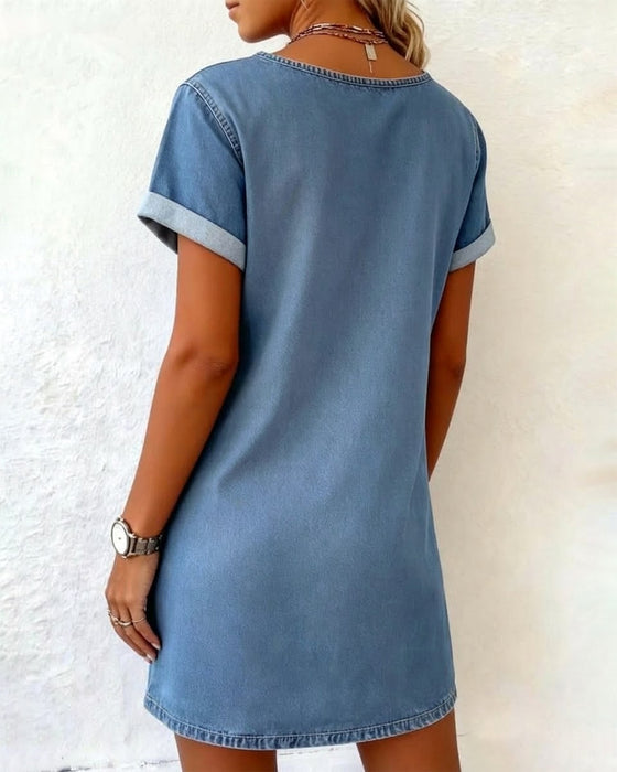 Kleid Denim V-Ausschnitt Kurzärmelig Shift