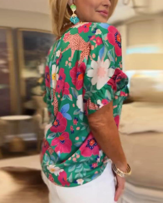 Bluse mit V-Ausschnitt Blumenmuster Kurzarm