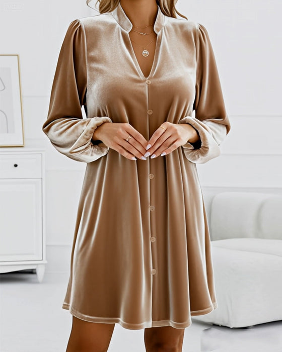 Kleid Stehkragen Langarm Samt