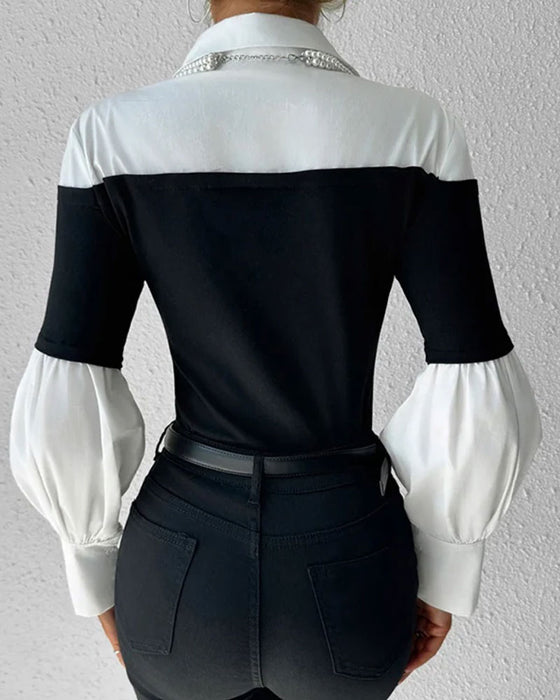 Oberteil Farbblock Off-Shoulder Laterne Ärmel Patchwork
