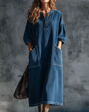 Kleid Cord Knopf Vorne Ellenbogenlang Puffärmel Locker