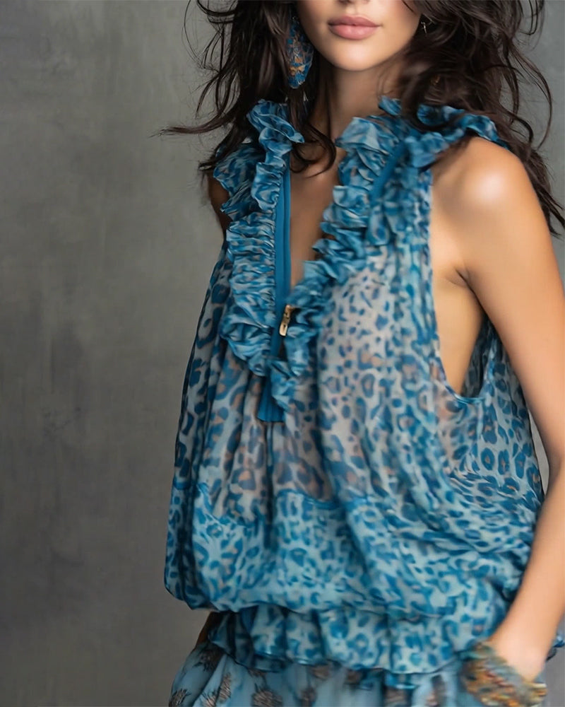 Tanktop Rüsche Ärmellos Reißverschluss Leopardenprint