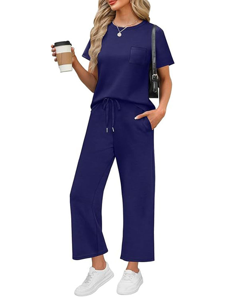 Set Einfarbig Kurzarm Und Lange Hose