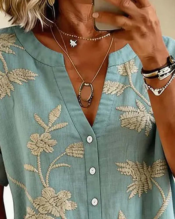 Bluse V-Ausschnitt Mit Print Kurzarm