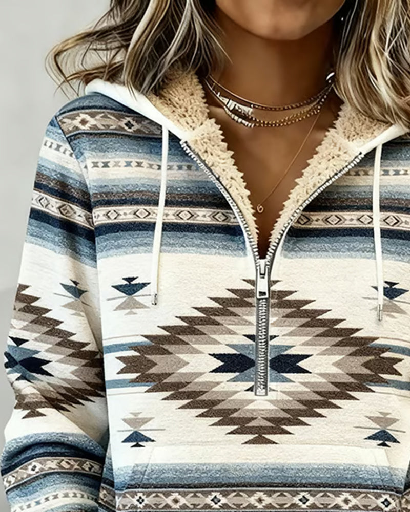 Sweatshirt mit Retro-Print und halbem Reißverschluss