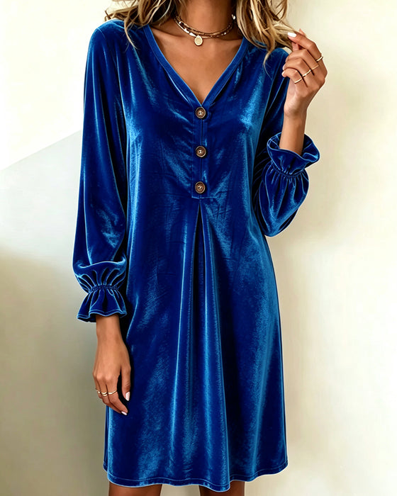 Kleid V-Ausschnitt Knopf Rüsche Plissiert
