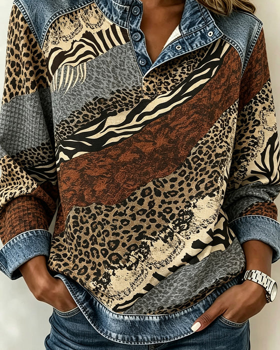 Bluse Patchwork Leopard Knopf