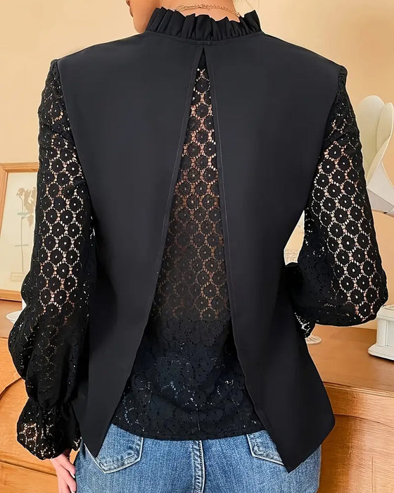 Bluse mit V-Ausschnitt Spitze und langen Ärmeln