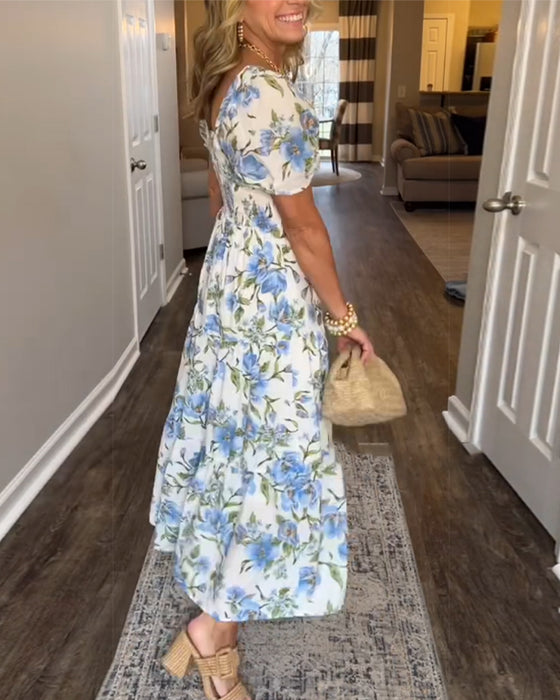 Kleid Quadratischer Ausschnitt Plissiert Blumen A-Linie